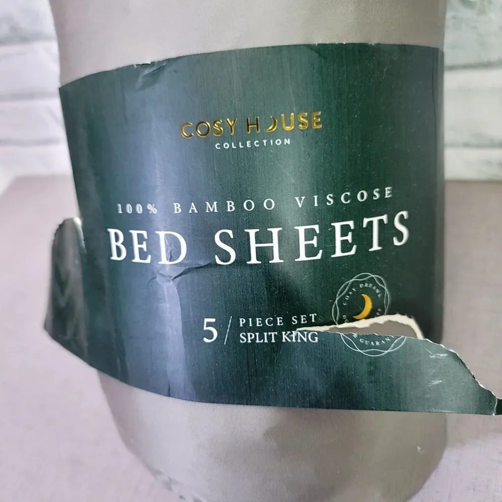 Cosy House Collection 100% Bamboo Grey SPLIT KING 5pc‎ Sheet Set Corner Straps